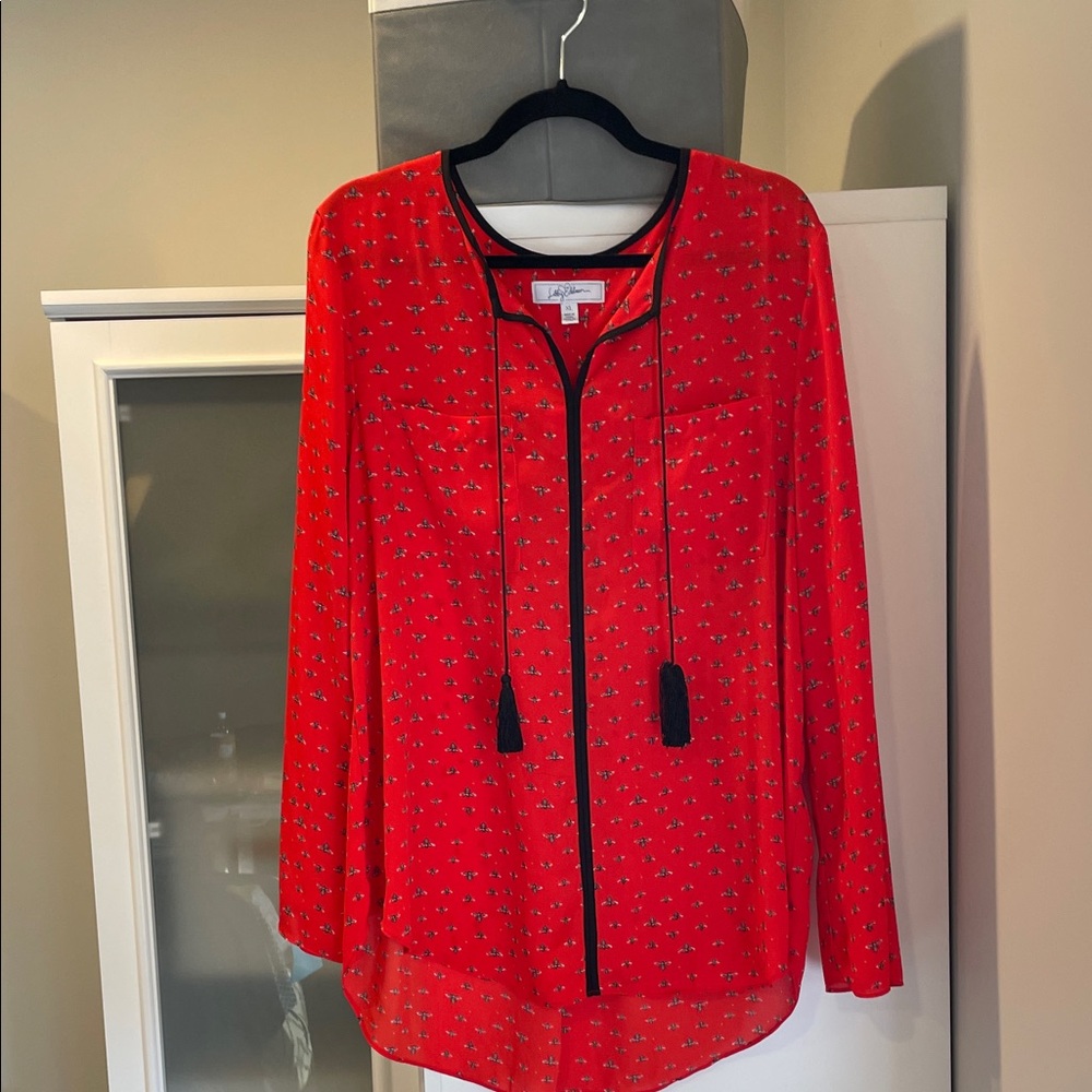 Red Floral Blouse with Bee Design